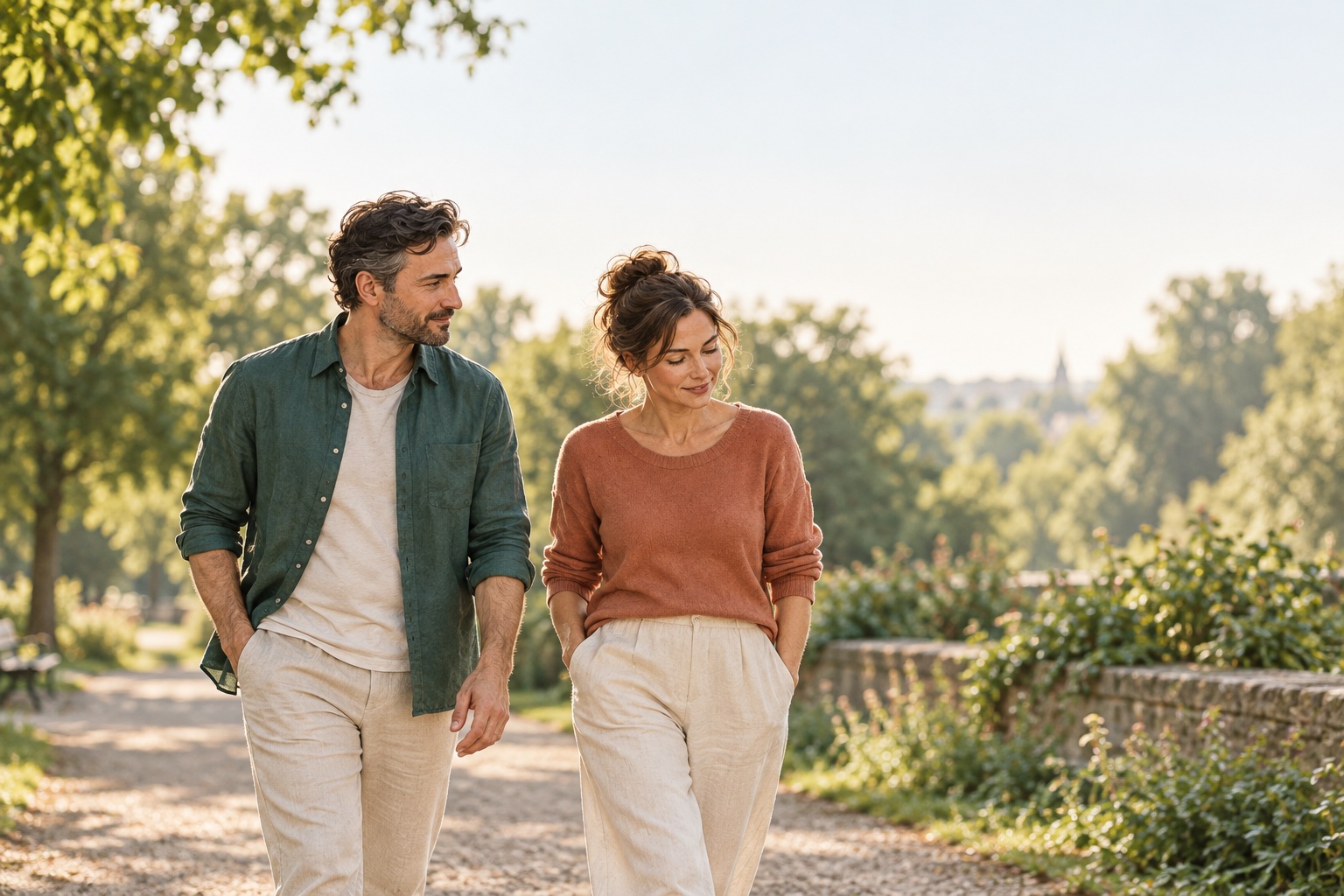A man and woman enjoying a walk outdoors